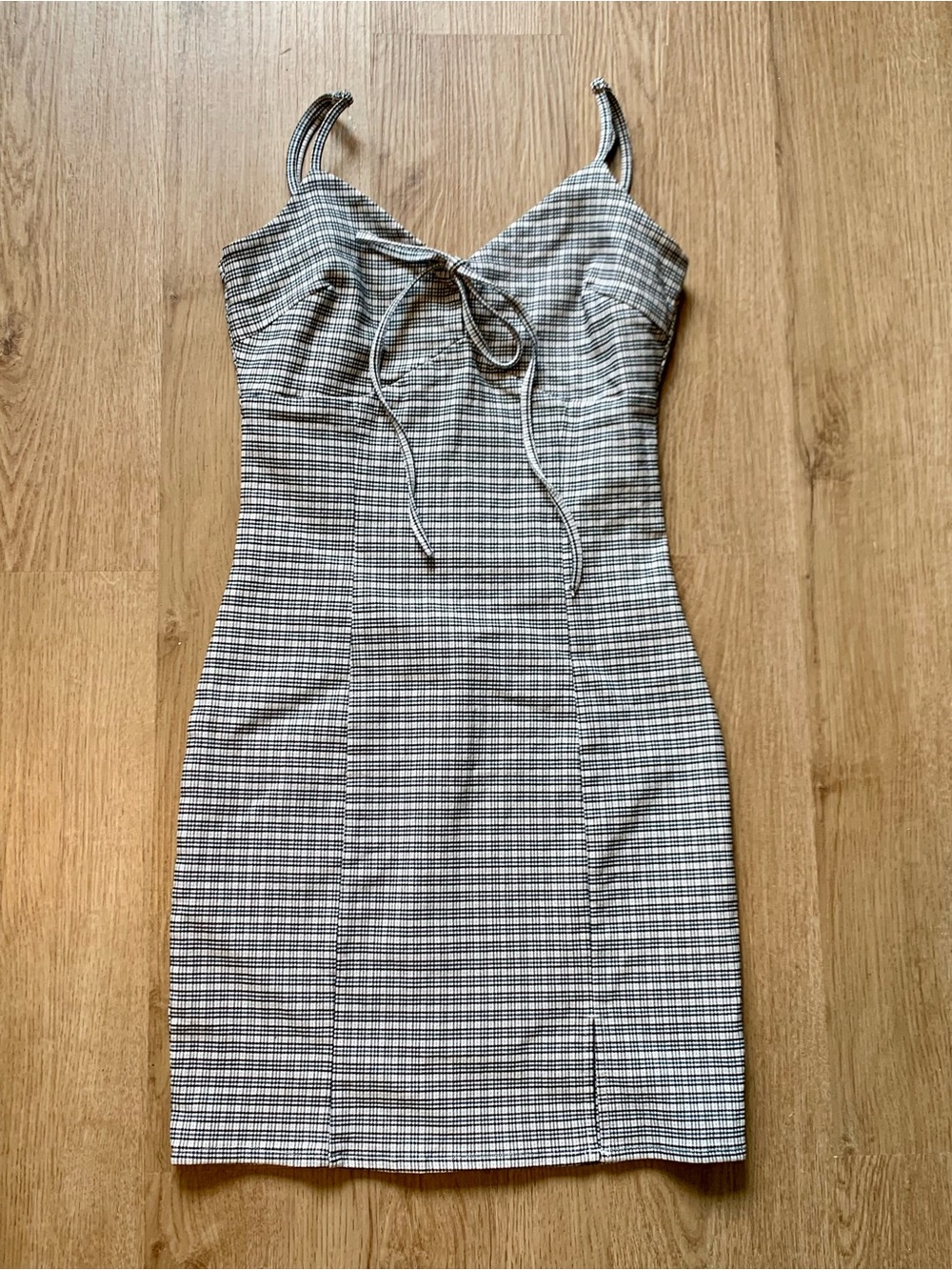 Micro Plaid Sleeveless Mini Dress Tie Bust Blue Gray XS Sm Spaghetti Strap Slit